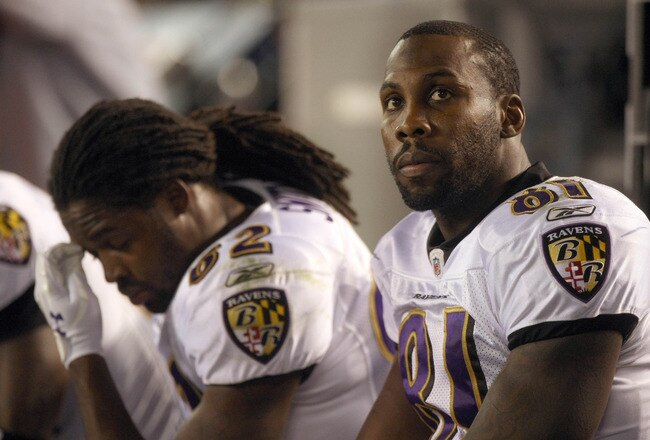 SAN DIEGO, CA - DECEMBER 18:  Anquan Boldin #81 and Torrey Smith #82 of the Baltimore Ravens look on from the bench against the San Diego Chargers during their NFL Game on December 18, 2011 at Qualcomm Stadium in San Diego, California. The Chargers won 34-14.  (Photo by Donald Miralle/Getty Images)