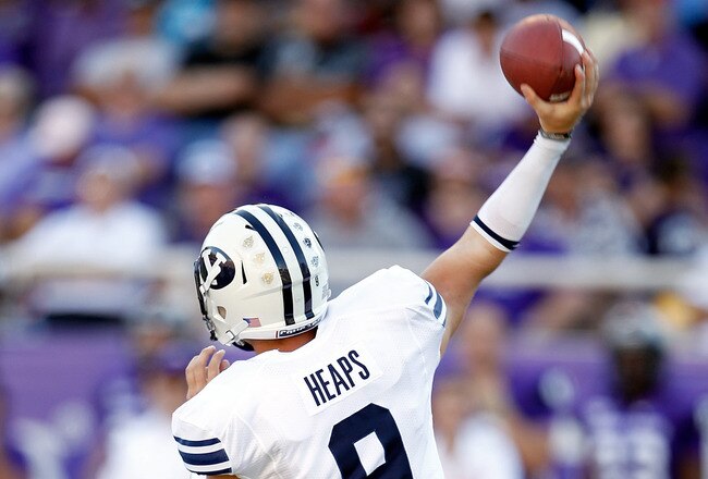 FORT WORTH, TX - OCTOBER 16:  Quarterback Jake Heaps #9 of the BYU Cougars throws a pass against the TCU Horned Frogs at Amon G. Carter Stadium on October 16, 2010 in Fort Worth, Texas. TCU beat BYU 31-3. (Photo by Tom Pennington/Getty Images)