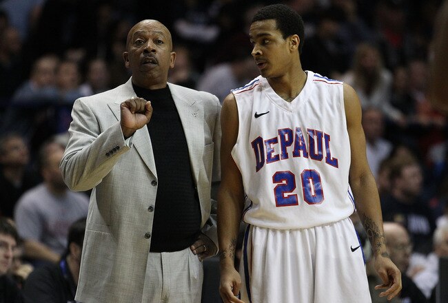 ROSEMONT, IL - FEBRUARY 19: Head coach Oliver Purnell of the DePaul Blue Demons talks with Brandon Young #20 during a game against the Villanova Wildcats at the Allstate Arena on February 19, 2011 in Rosemont, Illinois. Villanova defeated DePaul 77-75 in overtime. (Photo by Jonathan Daniel/Getty Images)