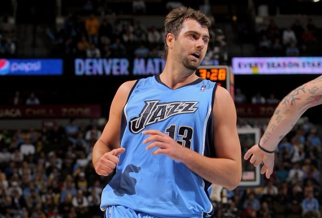 DENVER - OCTOBER 28:  Mehmet Okur #13 of the Utah Jazz heads down court against the Denver Nuggets during NBA action at Pepsi Center on October 28, 2009 in Denver, Colorado. The Nuggets defeated the Jazz 114-105.  (Photo by Doug Pensinger/Getty Images)