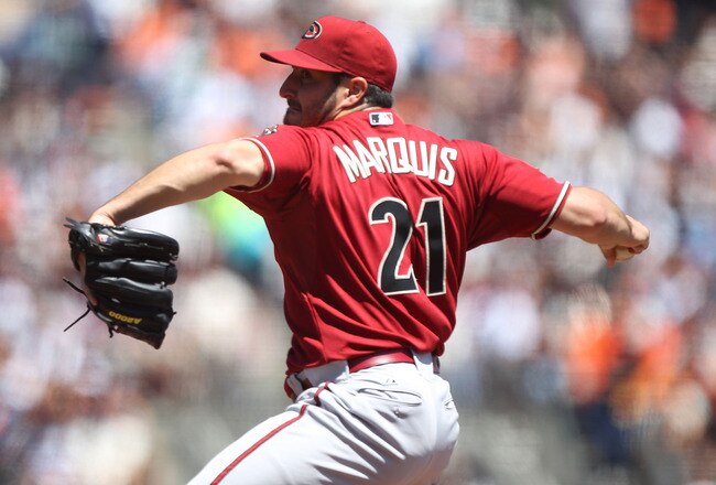 SAN FRANCISCO, CA - AUGUST 03:  Jason Marquis #21 of the Arizona Diamondbacks pitches against the San Francisco Giants at AT&T Park on August 3, 2011 in San Francisco, California.  (Photo by Jed Jacobsohn/Getty Images)