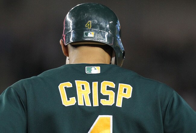 NEW YORK, NY - AUGUST 24:  Coco Crisp #4 of the Oakland Athletics against the New York Yankees on August 24, 2011 at Yankee Stadium in the Bronx borough of New York City.  (Photo by Nick Laham/Getty Images)