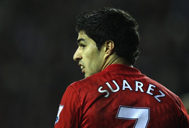 WIGAN, ENGLAND - DECEMBER 21:  Luis Suarez of Liverpool during the Barclays Premier League match between Wigan Athletic and Liverpool at the DW Stadium on December 21, 2011 in Wigan, England.  (Photo by Michael Steele/Getty Images)
