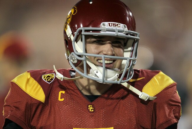 LOS ANGELES, CA - NOVEMBER 26:  Quarterback Matt Barkley #7 of the USC Trojans gets ready for the game with the UCLA Bruins at the Los Angeles Memorial Coliseum on November 26, 2011 in Los Angeles, California.  (Photo by Stephen Dunn/Getty Images)