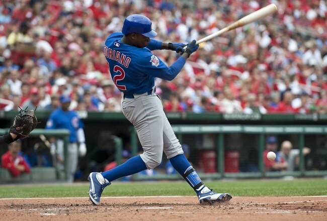 ST. LOUIS, MO - SEPTEMBER 25: Left fielder Alfonso Soriano #12 of the Chicago Cubs grounds out against the St. Louis Cardinals on September 25, 2011 at Busch Stadium in St Louis, MO. (Photo by Ed Szczepanski/Getty Images)