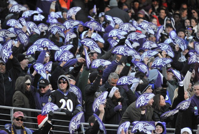 BALTIMORE - DECEMBER 24:  Fans of the Baltimore Ravens cheer against the Cleveland Browns at M&T Bank Stadium on December 24, 2011 in Baltimore, Maryland. The Ravens defeated the Browns 20-14. (Photo by Larry French/Getty Images)