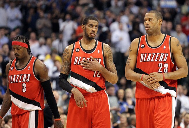 DALLAS, TX - APRIL 19:  (L-R) Gerald Wallace #3, LaMarcus Aldridge #12 and Marcus Camby #23 of the Portland Trail Blazers during a loss against the Dallas Mavericks in Game Two of the Western Conference Quarterfinals during the 2011 NBA Playoffs on April 19, 2011 at American Airlines Center in Dallas, Texas.  NOTE TO USER: User expressly acknowledges and agrees that, by downloading and or using this photograph, User is consenting to the terms and conditions of the Getty Images License Agreement.  (Photo by Ronald Martinez/Getty Images)