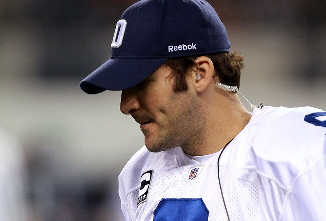 ARLINGTON, TX - DECEMBER 24:  Tony Romo #9 of the Dallas Cowboys on the sidelines after his hand was wrapped after suffering an injury during play against the Philadelphia Eagles at Cowboys Stadium on December 24, 2011 in Arlington, Texas.  (Photo by Ronald Martinez/Getty Images)