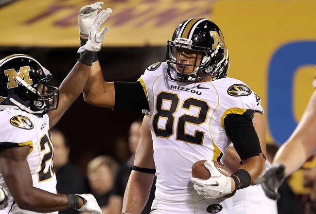 TEMPE, AZ - SEPTEMBER 09:  Tight end Michael Egnew #82 of the Missouri Tigers celebrates after scoring against the Arizona State Sun Devils during the college football game at Sun Devil Stadium on September 9, 2011 in Tempe, Arizona.  The Sun Devils defeated the Tigers 37-30 in overtime.  (Photo by Christian Petersen/Getty Images)