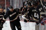 ANAHEIM, CA - NOVEMBER 30:  Devante Smith-Pelly #77 of the Anaheim Ducks celebrates a goal against the Montreal Canadiens in the second period at Honda Center on November 30, 2011 in Anaheim, California.  (Photo by Jeff Gross/Getty Images)