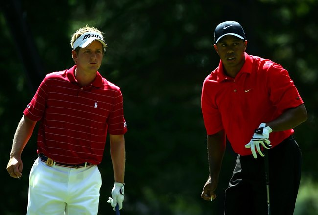 MEDINAH, IL - AUGUST 20:  Tiger Woods and Luke Donald look on during the final round of the 2006 PGA Championship at Medinah Country Club on August 20, 2006 in Medinah, Illinois.  (Photo by Donald Miralle/Getty Images)