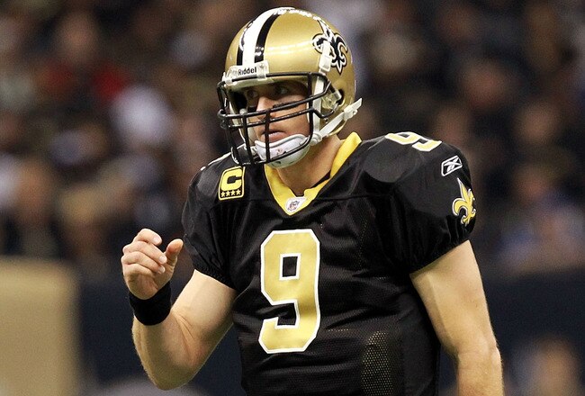 NEW ORLEANS, LA - NOVEMBER 28:  Drew Brees #9 of the New Orleans Saints at Mercedes-Benz Superdome on November 28, 2011 in New Orleans, Louisiana.  (Photo by Ronald Martinez/Getty Images)