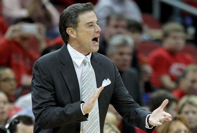 LOUISVILLE, KY - DECEMBER 07:  Rick Pitino the head coach of the Louisville Cardinals gives instructions to his team during the game against the IUPUI Jaguars at the KFC YUM! Center on December 7, 2011 in Louisville, Kentucky.  (Photo by Andy Lyons/Getty Images)