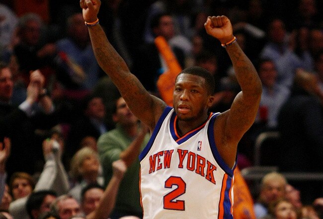 NEW YORK - JANUARY 07:  Nate Robinson #2 of the New York Knicks celebrates a three pointer against the Charlotte Bobcats at Madison Square Garden January 7, 2010 in New York City. NOTE TO USER: User expressly acknowledges and agrees that, by downloading and/or using this Photograph, User is consenting to the terms and conditions of the Getty Images License Agreement.  (Photo by Chris McGrath/Getty Images)