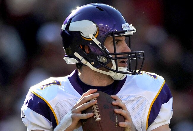 LANDOVER, MD - DECEMBER 24: Quarterback  Christian Ponder #7 of the Minnesota Vikings looks for open teammates against the Washington Redskins at FedEx Field on December 24, 2011 in Landover, Maryland. The Minnesota Vikings won, 33-26. (Photo by Patrick Smith/Getty Images)