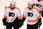 DALLAS, TX - DECEMBER 21:  Jaromir Jagr #68 of the Philadelphia Flyers celebrates his goal with Claude Giroux #28 during play against the Dallas Stars at American Airlines Center on December 21, 2011 in Dallas, Texas.  (Photo by Ronald Martinez/Getty Images)