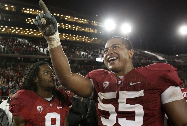 PALO ALTO, CA - NOVEMBER 27:  Jonathan Martin #55 and Richard Sherman #9 of the Stanford Cardinal celebrate after they beat the Oregon State Beavers at Stanford Stadium on November 27, 2010 in Palo Alto, California.  (Photo by Ezra Shaw/Getty Images)