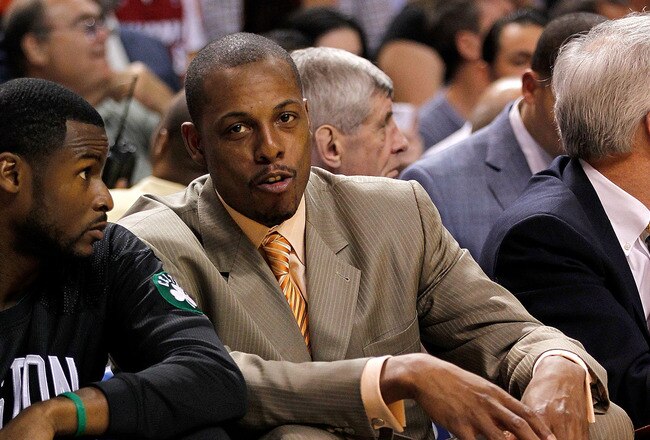 MIAMI, FL - DECEMBER 27: Paul Pierce #34 of the Boston Celtics sits on the bench during a game against the Miami Heat at American Airlines Arena on December 27, 2011 in Miami, Florida. NOTE TO USER: User expressly acknowledges and agrees that, by downloading and/or using this Photograph, User is consenting to the terms and conditions of the Getty Images License Agreement.  (Photo by Mike Ehrmann/Getty Images)