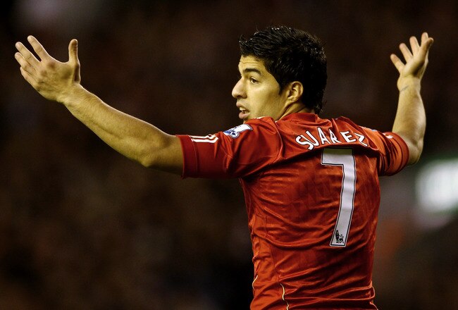 LIVERPOOL, ENGLAND - DECEMBER 26:  Luis Suarez of Liverpool during the Barclays Premier League match between Liverpool and Blackburn Rovers at Anfield on December 26, 2011 in Liverpool, England.  (Photo by Scott Heavey/Getty Images)