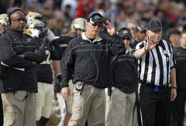 WEST LAFAYETTE, IN - NOVEMBER 12: Purdue Boilermakers head coach Danny Hope (right) and defensive coordinator Gary Emanuel looks on against the Ohio State Buckeyes at Ross-Ade Stadium on November 12, 2011 in West Lafayette, Indiana. Purdue defeated Ohio State 26-23 in overtime. (Photo by Joe Robbins/Getty Images)