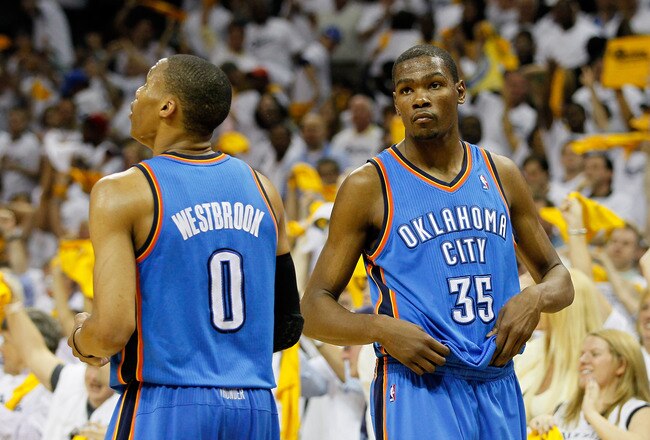 MEMPHIS, TN - MAY 13:  Russell Westbrook #0 and Kevin Durant #35 of the Oklahoma City Thunder react after their 95-83 loss to the Memphis Grizzlies in Game Six of the Western Conference Semifinals in the 2011 NBA Playoffs at FedExForum on May 13, 2011 in Memphis, Tennessee.  NOTE TO USER: User expressly acknowledges and agrees that, by downloading and/or using this photograph, User is consenting to the terms and conditions of the Getty Images License Agreement.  (Photo by Kevin C. Cox/Getty Images)
