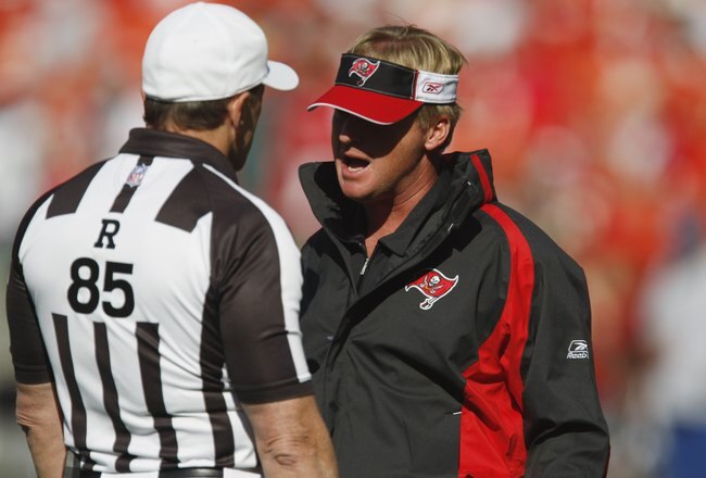 KANSAS CITY, MO - NOVEMBER 02:  Head Coach Jon Gruden of the Tampa Bay Buccaneers talks with referee Ed Hochuli #85 during the NFL game against the Kansas City Chiefs on November 2, 2008 at Arrowhead Stadium in Kansas City, Missouri.  The Buccaneers won 30 to 27 in overtime. (Photo by: Jamie Squire/Getty Images)