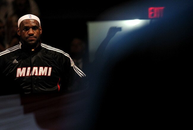 MIAMI, FL - JUNE 12:  LeBron James #6 of the Miami Heat stands for the performance of the National Anthem against the Dallas Mavericks in Game Six of the 2011 NBA Finals at American Airlines Arena on June 12, 2011 in Miami, Florida. NOTE TO USER: User expressly acknowledges and agrees that, by downloading and/or using this Photograph, user is consenting to the terms and conditions of the Getty Images License Agreement.  (Photo by Ronald Martinez/Getty Images)