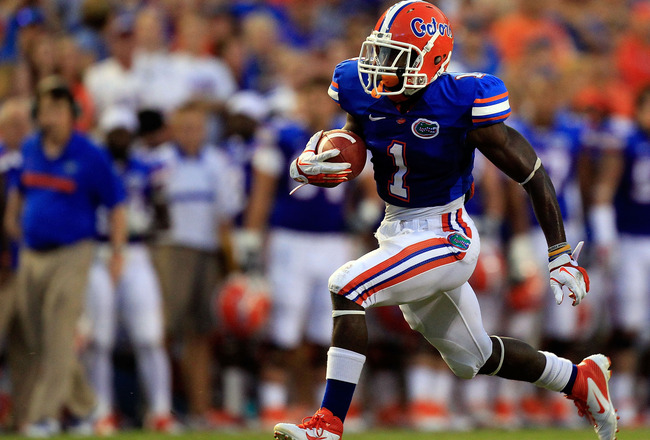 GAINESVILLE, FL - SEPTEMBER 10:  Chris Rainey #1 of the Florida Gators runs for yardage during a game against the UAB Blazers at Ben Hill Griffin Stadium on September 10, 2011 in Gainesville, Florida.  (Photo by Sam Greenwood/Getty Images)