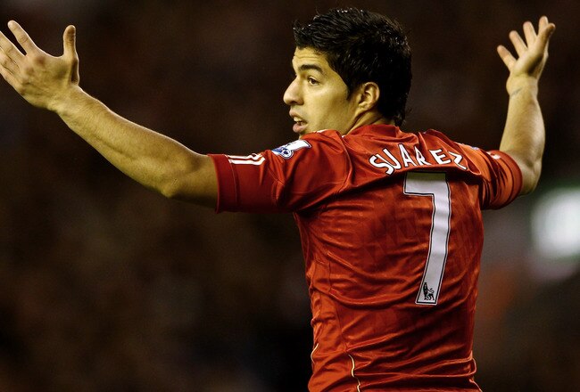 LIVERPOOL, ENGLAND - DECEMBER 26:  Luis Suarez of Liverpool during the Barclays Premier League match between Liverpool and Blackburn Rovers at Anfield on December 26, 2011 in Liverpool, England.  (Photo by Scott Heavey/Getty Images)