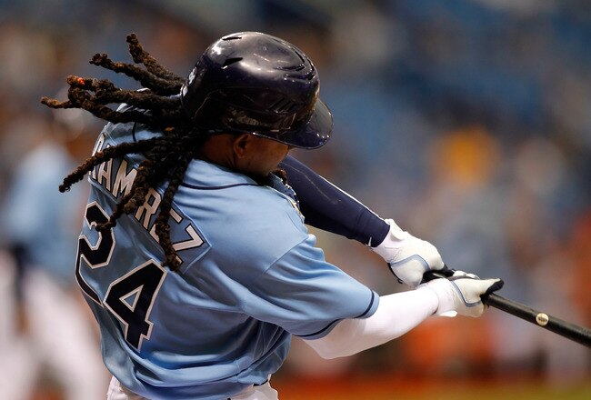 ST. PETERSBURG, FL - APRIL 03:  Designated hitter Manny Ramirez #24 of the Tampa Bay Rays bats against the Baltimore Orioles during the game at Tropicana Field on April 3, 2011 in St. Petersburg, Florida.  (Photo by J. Meric/Getty Images)