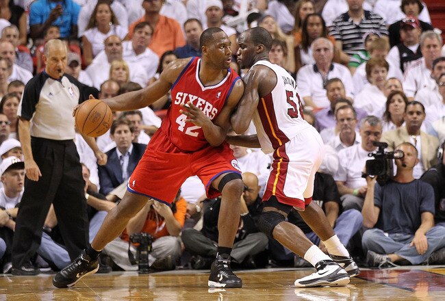 MIAMI, FL - APRIL 27:  Elton Brand #42 of the Philadelphia 76ers posts up against Joel Anthony #50 of the Miami Heat  during game five of the Eastern Conference Quarterfinals in the 2011 NBA Playoffs at American Airlines Arena on April 27, 2011 in Miami, Florida. NOTE TO USER: User expressly acknowledges and agrees that, by downloading and/or using this Photograph, User is consenting to the terms and conditions of the Getty Images License Agreement.  (Photo by Mike Ehrmann/Getty Images)