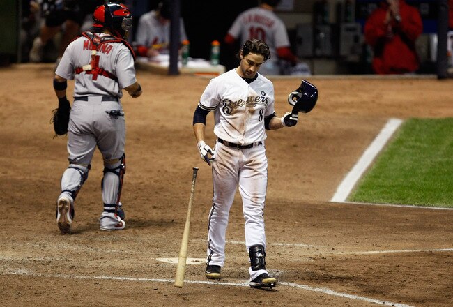 MILWAUKEE, WI - OCTOBER 16:  Ryan Braun #8 of the Milwaukee Brewers reacts after he struck out to end the bottom of the seventh inning against the St. Louis Cardinals during Game Six of the National League Championship Series at Miller Park on October 16, 2011 in Milwaukee, Wisconsin.  (Photo by Scott Boehm/Getty Images)