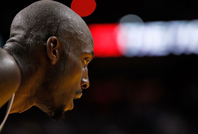 MIAMI, FL - DECEMBER 27: Kevin Garnett #5 of the Boston Celtics looks on during a game against the Miami Heat at American Airlines Arena on December 27, 2011 in Miami, Florida. NOTE TO USER: User expressly acknowledges and agrees that, by downloading and/or using this Photograph, User is consenting to the terms and conditions of the Getty Images License Agreement.  (Photo by Mike Ehrmann/Getty Images)