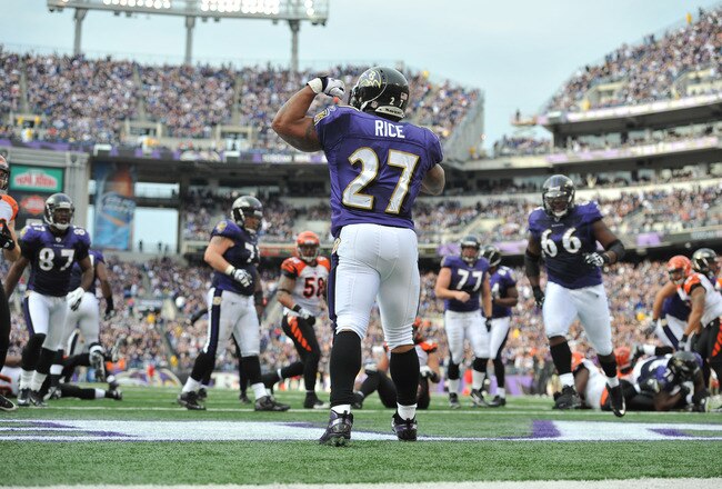 BALTIMORE - NOVEMBER 20:  Ray Rice #27 of the Baltimore Ravens celebrates a touchdown against the Cincinnati Bengals at M&T Bank Stadium on November 20, 2011 in Baltimore, Maryland. The Ravens defeated the Bengals 31-24. (Photo by Larry French/Getty Images)
