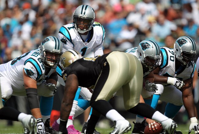 CHARLOTTE, NC - OCTOBER 09:  Cam Newton #1 of the Carolina Panthers during their game against the New Orleans Saints at Bank of America Stadium on October 9, 2011 in Charlotte, North Carolina.  (Photo by Streeter Lecka/Getty Images)