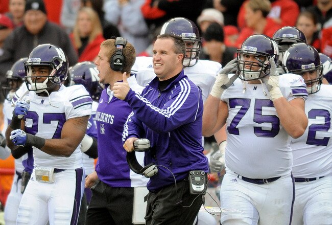 LINCOLN, NE - NOVEMBER 05:  Coach Pat Fitzgerald of the Northwestern Wildcats  gives the thumbs up to his team during their game against the Nebraska Cornhuskers at Memorial Stadium November 5, 2011 in Lincoln, Nebraska.  Northwestern beat Nebraska 28-25. (Photo by Eric Francis/Getty Images)