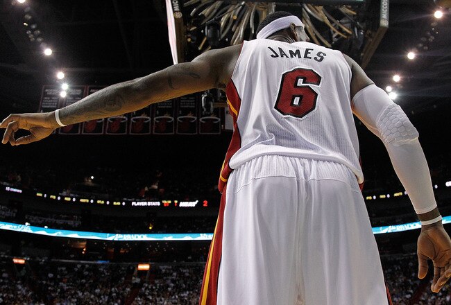 MIAMI, FL - DECEMBER 27:  LeBron James #6 of the Miami Heat stands on the court during a game against the Boston Celtics at American Airlines Arena on December 27, 2011 in Miami, Florida. NOTE TO USER: User expressly acknowledges and agrees that, by downloading and/or using this Photograph, User is consenting to the terms and conditions of the Getty Images License Agreement.  (Photo by Mike Ehrmann/Getty Images)