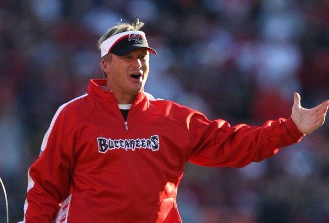 SAN FRANCISCO - DECEMBER 23: Head coach Jon Gruden of the Tampa Bay Buccaneers yells during an NFL game against the San Francisco 49ers at Monster Park December 23, 2007 in San Francisco, California.  (Photo by Jed Jacobsohn/Getty Images)