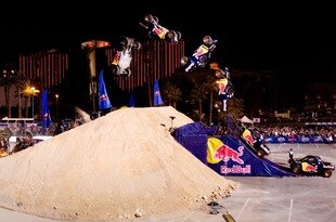 LAS VEGAS - DECEMBER 31:  In this multiple exposure handout image provided by Red BullPhotofiles, Rhys Millen becomes the first person to complete a backflip in an off-road truck, traveling a distance of approximately 80 feet at a height of 50 feet at the Red Bull: New Year. No Limits. event on December 31, 2008 in Las Vegas, Nevada. The flip took place just before midnight on New Year's Eve at the Rio All-Suite Hoteland Casino. (Photo by Justin Kosman/Red Bull Photofiles via Getty Images)