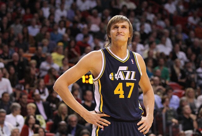 MIAMI - NOVEMBER 09:  Andrei Kirilenko #47 of the Utah Jazz waits during a foul shot during a game agsinst the Miami Heat at American Airlines Arena on November 9, 2010 in Miami, Florida. NOTE TO USER: User expressly acknowledges and agrees that, by downloading and/or using this Photograph, User is consenting to the terms and conditions of the Getty Images License Agreement.  (Photo by Mike Ehrmann/Getty Images)