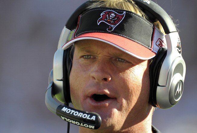 TAMPA, FL - DECEMBER 28: Coach Jon Gruden of the Tampa Bay Buccaneers directs play against the Oakland Raiders at Raymond James Stadium on December 28, 2008 in Tampa, Florida.  (Photo by Al Messerschmidt/Getty Images)