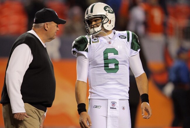 DENVER, CO - NOVEMBER 17:  Head coach Rex Ryan and Mark Sanchez #6 of the New York Jets talk on the field prior to playing against the Denver Broncos at Invesco Field at Mile High on November 17, 2011 in Denver, Colorado.  (Photo by Doug Pensinger/Getty Images)