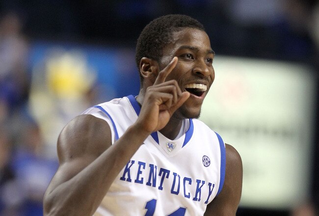 LEXINGTON, KY - DECEMBER 31:  Michael Kidd-Gilchrist #14 of the Kentucky Wildcats  celebrates during 69-62 win over the Louisville Cardinals at Rupp Arena on December 31, 2011 in Lexington, Kentucky.  (Photo by Andy Lyons/Getty Images)