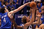 DALLAS, TX - MAY 25:  Nick Collison #4 of the Oklahoma City Thunder attempts to block the shot of Dirk Nowitzki #41 of the Dallas Mavericks in the first half in Game Five of the Western Conference Finals during the 2011 NBA Playoffs at American Airlines Center on May 25, 2011 in Dallas, Texas. NOTE TO USER: User expressly acknowledges and agrees that, by downloading and or using this photograph, User is consenting to the terms and conditions of the Getty Images License Agreement.  (Photo by Tom Pennington/Getty Images)