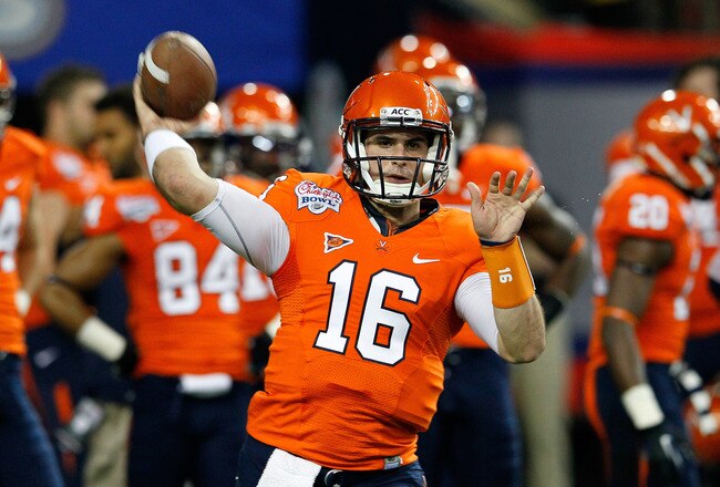 ATLANTA, GA - DECEMBER 31:  Michael Rocco #16 of the Virginia Cavaliers warms up prior to facing the Auburn Tigers during the 2011 Chick Fil-A Bowl at Georgia Dome on December 31, 2011 in Atlanta, Georgia.  (Photo by Kevin C. Cox/Getty Images)