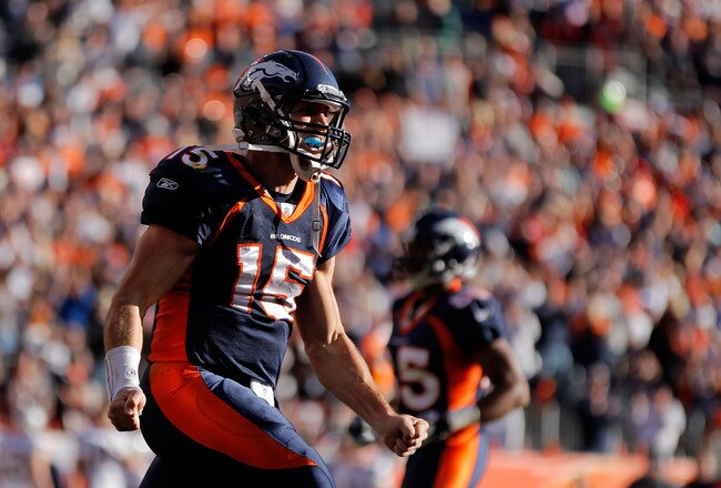 DENVER, CO - DECEMBER 18:  Quarterback Tim Tebow #15 of the Denver Broncos celebrates after scoring a touchdown against the New England Patriots in the first quarter at Sports Authority Field at Mile High on December 18, 2011 in Denver, Colorado.  (Photo by Justin Edmonds/Getty Images)