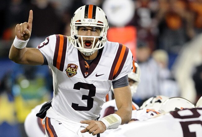 CHARLOTTE, NC - DECEMBER 03:  Quarterback Logan Thomas #3 of the Virginia Tech Hokies calls an audible from the line of scrimmage during the ACC Championship game against the Clemson Tigers at Bank of America Stadium on December 3, 2011 in Charlotte, North Carolina.  (Photo by Jared C. Tilton/Getty Images)