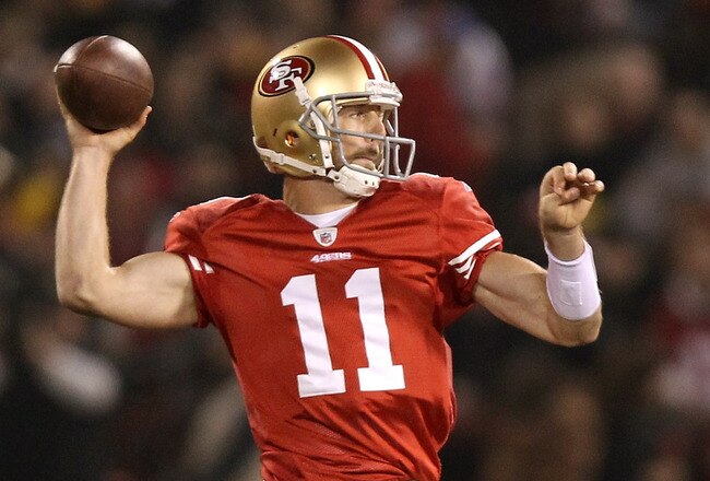 SAN FRANCISCO, CA - DECEMBER 19:  Quarterback Alex Smith #11 of the San Francisco 49ers passes the ball in the first quarter against the Pittsburgh Steelers at Candlestick Park on December 19, 2011 in San Francisco, California.  (Photo by Ezra Shaw/Getty Images)