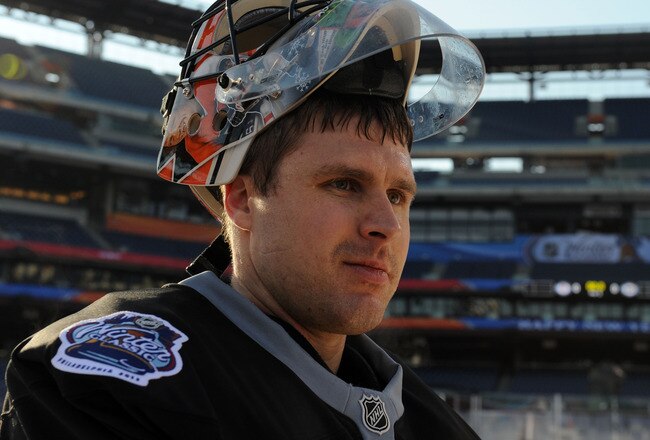 PHILADELPHIA, PA - JANUARY 1: Ilya Bryzgalov #30 of the Philadelphia Flyers looks on during practice for the 2012 Bridgestone NHL Winter Classic at Citizens Bank Park on January 1, 2012 in Philadelphia, Pennsylvania. (Photo by Christopher Pasatieri/Getty Images)
