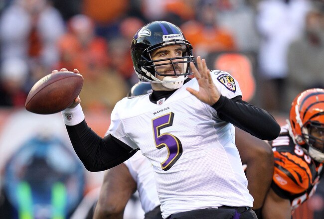 CINCINNATI, OH - JANUARY 01:  Joe Flacco #5 of the Baltimore Ravens throws the ball during the NFL game against  the Cincinnati Bengals at Paul Brown Stadium on January 1, 2012 in Cincinnati, Ohio.  (Photo by Andy Lyons/Getty Images)